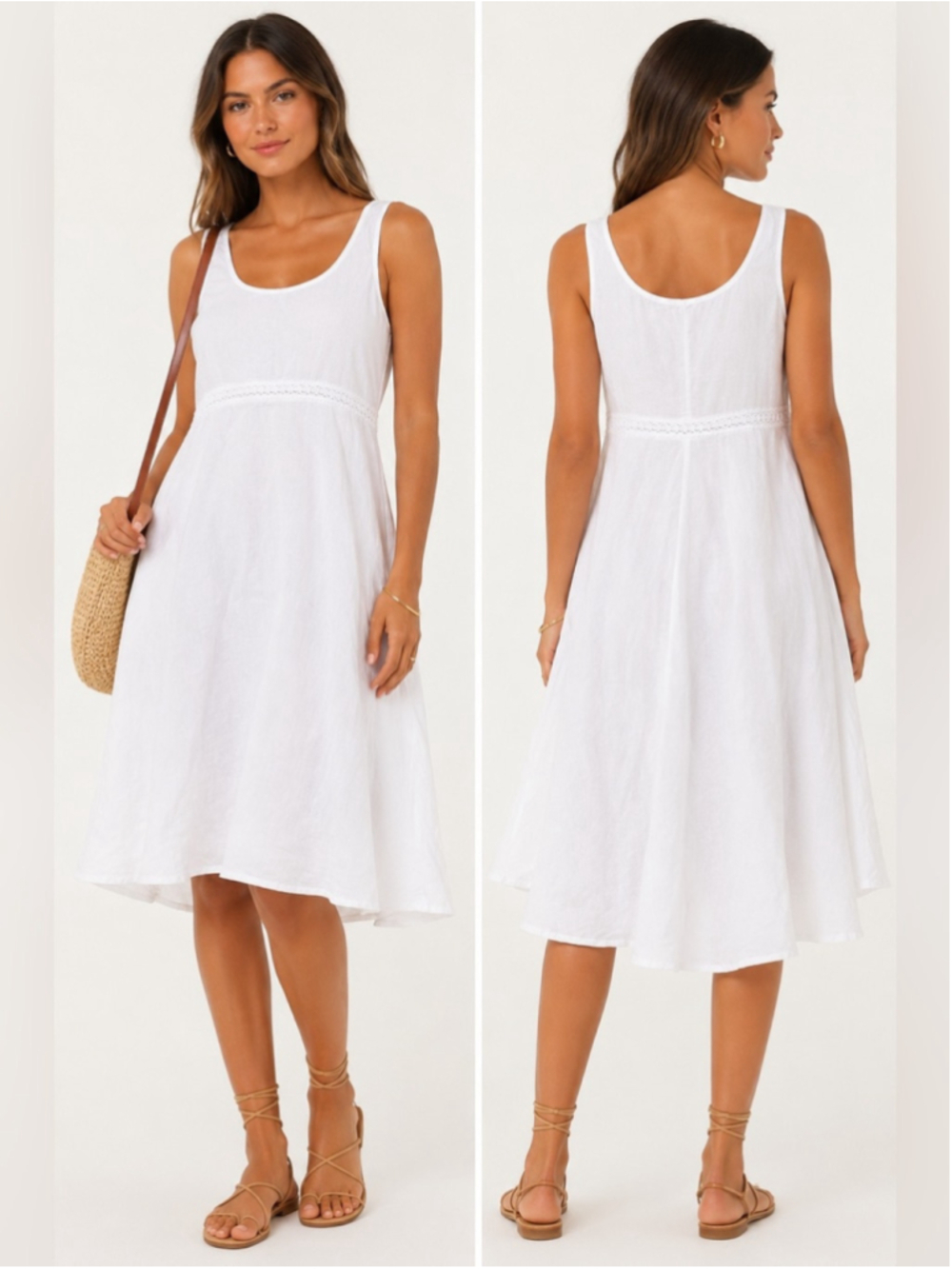 BlueBerry Italia White Linen Sleeveless Dress – Size Large Crochet Waist